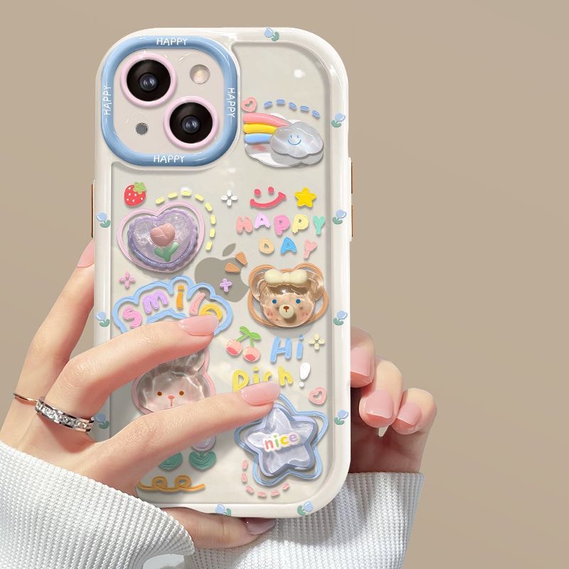 Stereoscopic Doll Puff Crystal Bear Rabbit Rainbow Silicone SoftCase IPhone XR XS Max 11 12 13 14 Pro Max 14 Plus Girl Woman's Fashion Pretty Cute Phone Case