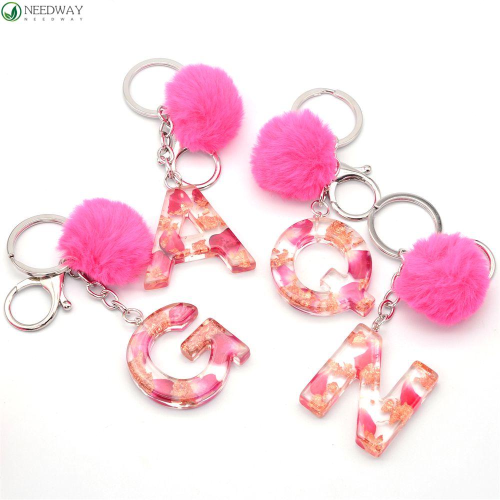 NEEDWAY Bunga Huruf Gantungan Kunci Resin Merah Pompom Liontin Kata Kerajinan Perhiasan Key Chains Rings Car Keyring 26huruf Gantungan Kunci