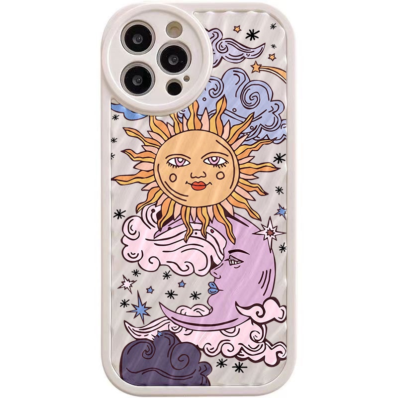 IPHONE Art Sun Moon Water Ripple Phone Case Kompatibel Untuk Iphone11 13 12 14 Pro MAX 14 Plus XR X XS MAX 7Plus 8Plus 7 8 SE 2020 2022 Sarung Tahan Guncangan