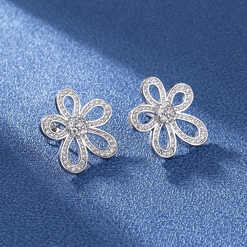 Fashion INS Gaya Elegan Pesta Pernikahan Perhiasan Aksesoris Berlian Imitasi Mengkilap Perak Zirkon Berongga Bunga Matahari Stud Earrings