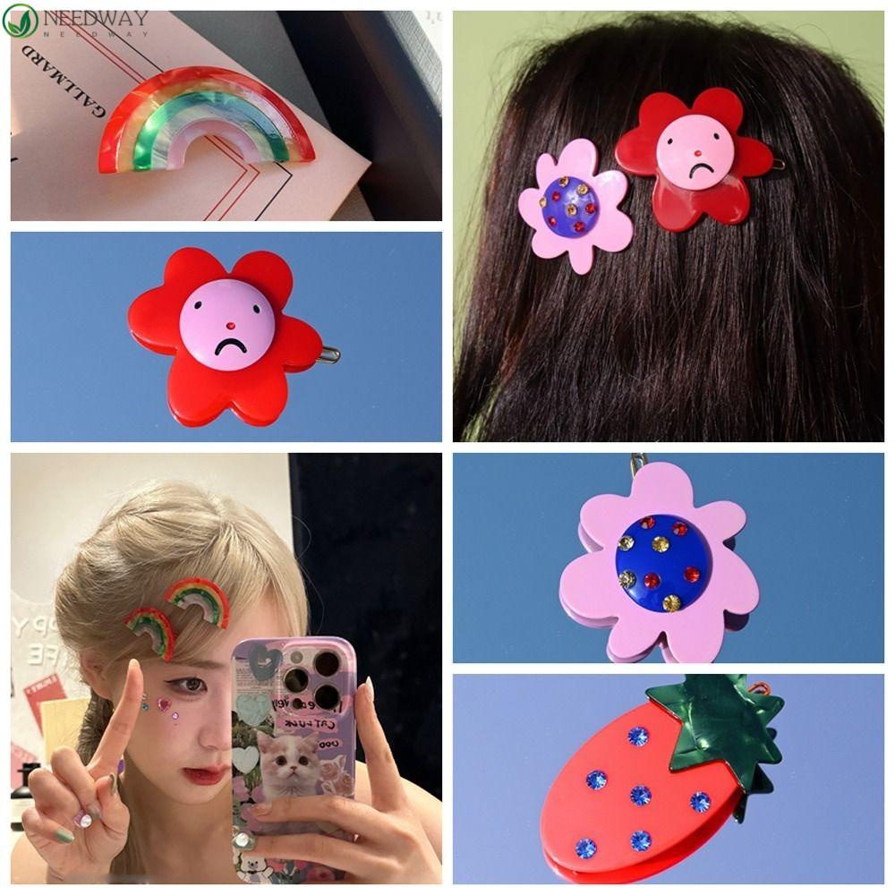 NEEDWAY Needway Asetat Pelangi Rambut Klip Kreatif Kepribadian Elegan Asam Asetat Wortel Wanita Jepit Rambut Kartun Katak Klip Strawberry Kristal Jepit