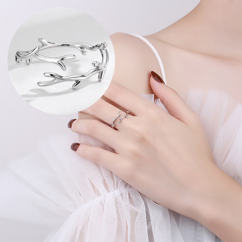 Cincin Tipis Daun Cabang Sederhana Warna Silver Open Adjustable Ring Untuk Wanita Perempuan Trendi Fashion Perhiasan Jari Hadiah Pesta