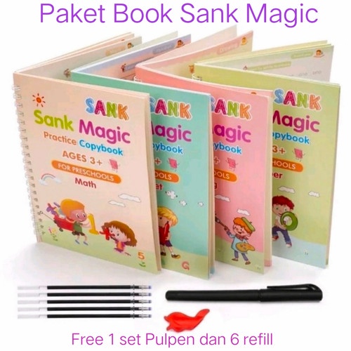 BOP SANK MAGIC BOOK 3D BUKU EDUKASI ANAK BELAJAR MENULIS UNTUK TK PAUD ANGKA &amp; HURUF / BUKU AJAIB / MAGIC PRACTICE BOOK 1 SET ISI 4 BUKU + PEN + REFILL + HOLDER PENA