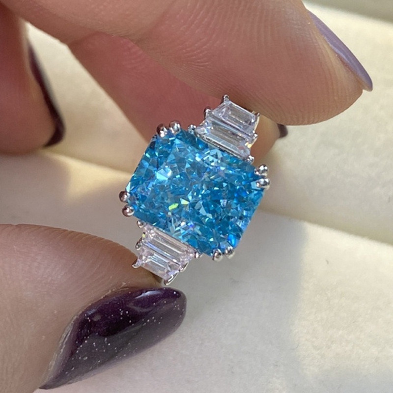 Trendy Aquamarine Warna Perak Cincin Untuk Wanita Kawin Tunangan Blue Sapphire Ring