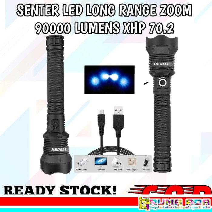 SENTER LED LONG RANGE ZOOM 90000 LUMENS FULLSET BATERAI