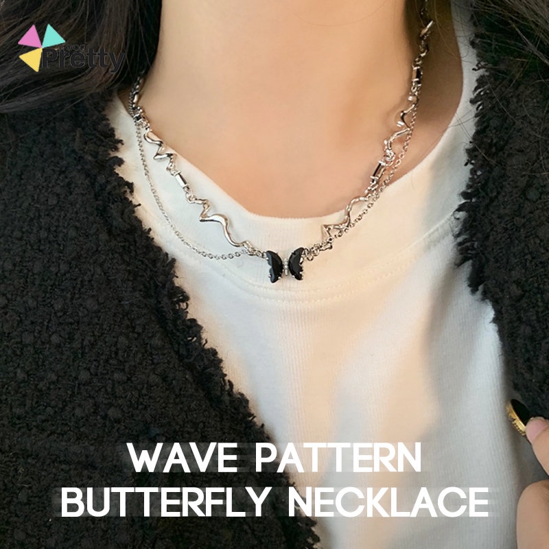 Kalung kupu-kupu pola gelombang,Rantai klavikula dingin yang manis dan manis,Desain kalung premium