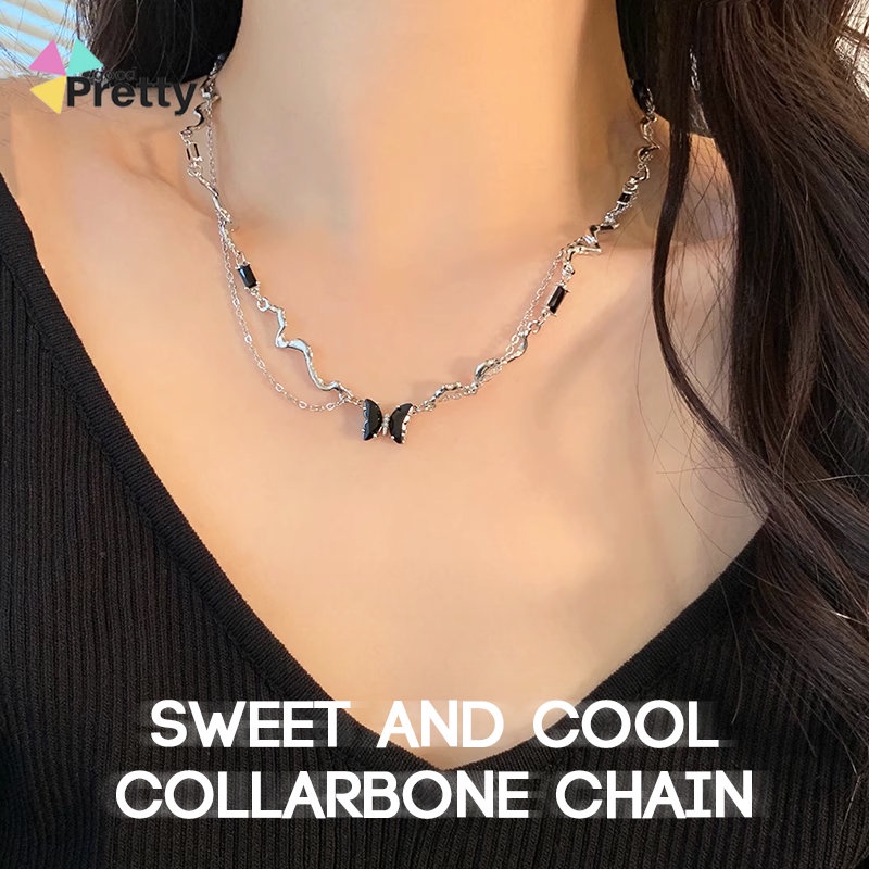 Kalung kupu-kupu pola gelombang,Rantai klavikula dingin yang manis dan manis,Desain kalung premium