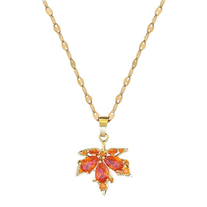 Liontin Daun Maple Merah Zirkon Fashion Wanita Indah Kalung Emas Asli Kadar 375 Hadiah Pacar XL-23037