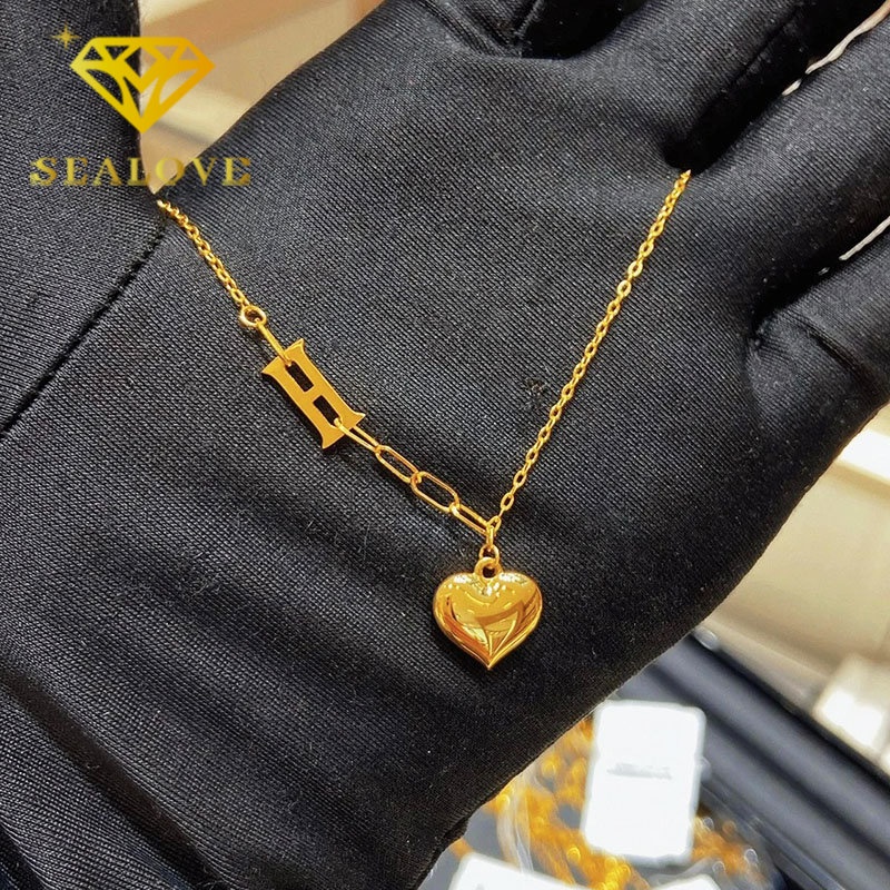 Kalung Titanium Huruf H Hati Cantik Aesthetic Korea Emas 18K Aksesoris Wanita Perhiasan Fashion