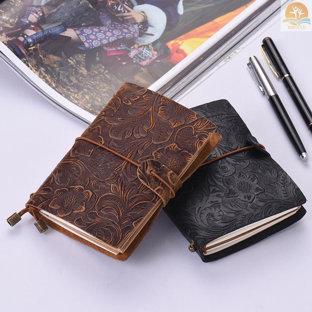 In Stock Vintage Full Grain Leather Refillable Travel Journal Notebook Diary Motif Bunga Timbul Harian Notepad Cover Dengan Tali Elastis Untuk Pria &amp; Wanita Hadiah