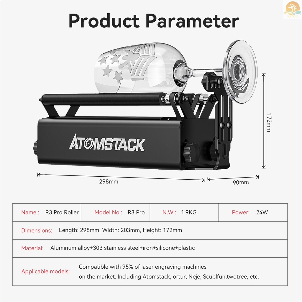 In Stock ATOMSTACK R3 PRO Roller Untuk Benda Tidak Teratur Silinder Dengan360° Sumbu Ukir Putar 8penyuaian Sudut Penyangga Frame Grafir Diameter Sekecil 4MM Kompatibel