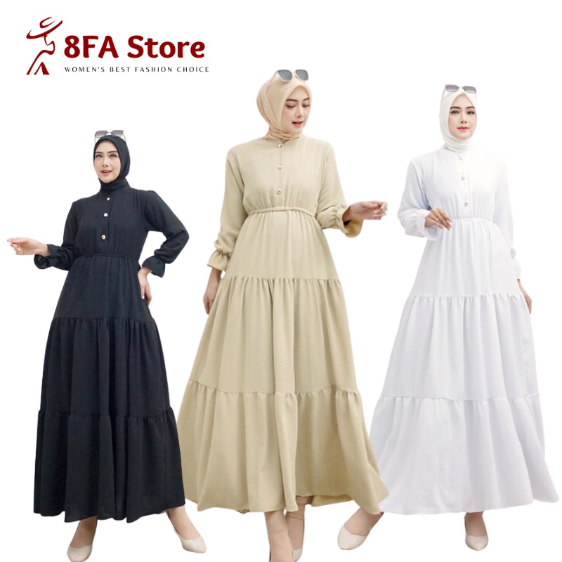Long Dress Gamis Crinkle Putih Polos Fashion Muslim Atasan Wanita Dress Kondangan Pesta Kekinian