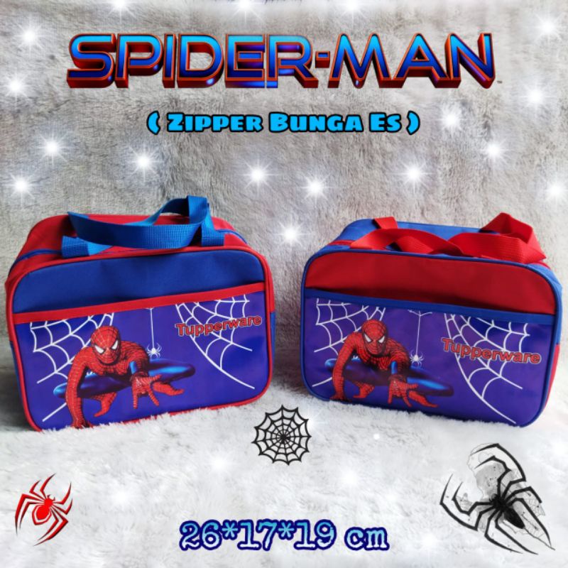 Tas Tupperware Spiderman ( Zipper Bunga Es ) / tas bekal Spiderman / Tas bekal Makan siang / Tas jin