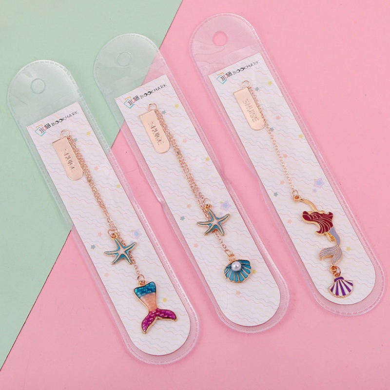 Bookmark Kerang Bintang Laut Cantik &amp; Bintang Laut Dengan Rantai Logam Bookmark Liontin Halus Sekolah Kantor