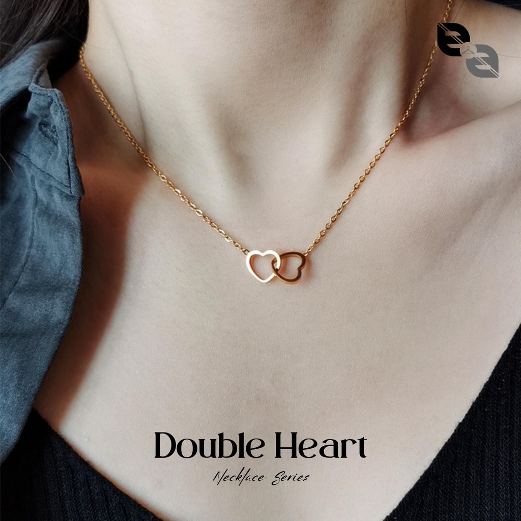 Kalung Wanita Double Heart Twins Love Warna Silver Gold Kalung Fashion Korea Perempuan