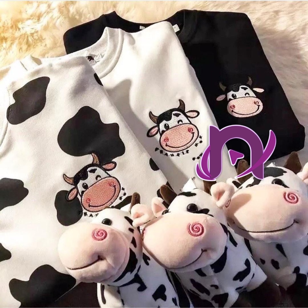 SWEATER SWITER SWETER WANITA BORDIR COW   MOTIF SAPI LUCU BAHAN FLEECE ORIGINAL PREMIUM MURAH
