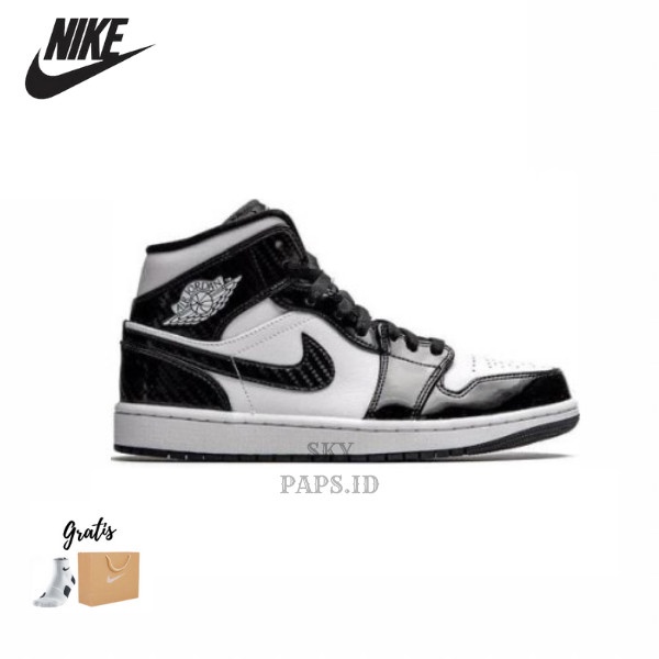 AIR JORDAN 1 MID SE ASW BLACK WHITE CARBON FIBER PATENT LEATHER - 38