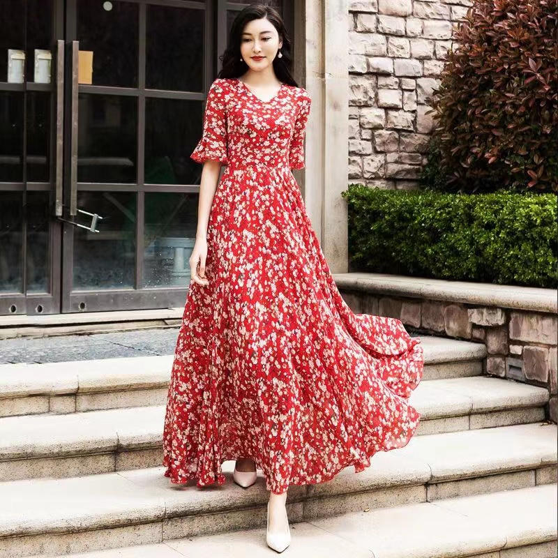 FAN 2024 gaun panjang sifon bermotif bunga Korea terbaru/dress panjang/dress bunga korea