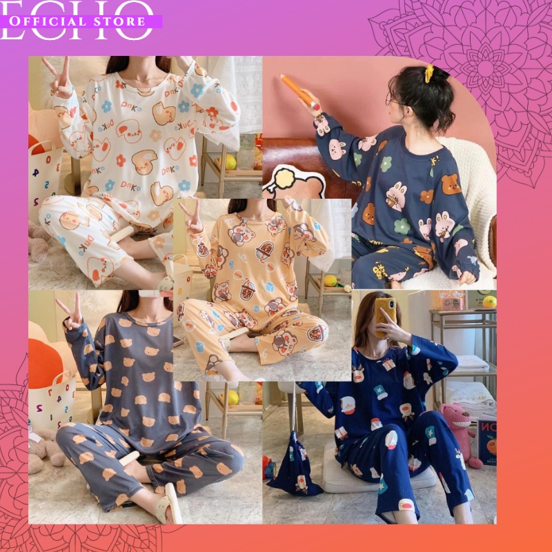 ECHO B07-B11 - PAKAIAN WANITA BAJU TIDUR WANITA PIYAMA SET LENGAN PENDEK CELANA PANJANG PAKAIAN RUMA