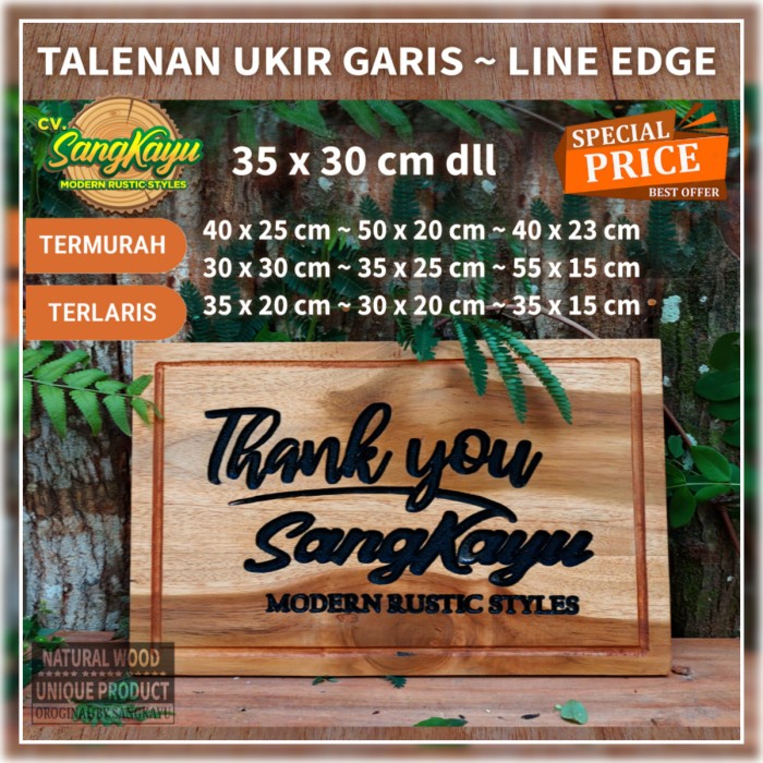 Talenan kayu mahoni jati ukir nama engraved cutting board line edge - 35 x 15 cm, Kayu jati polos