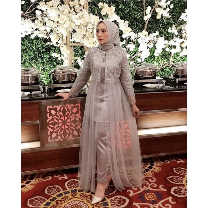 New Diskon Setelan Kebaya Tunik Brukat Set Celana Tunic Wanita Brokat Kondangan - Abu-abu, L