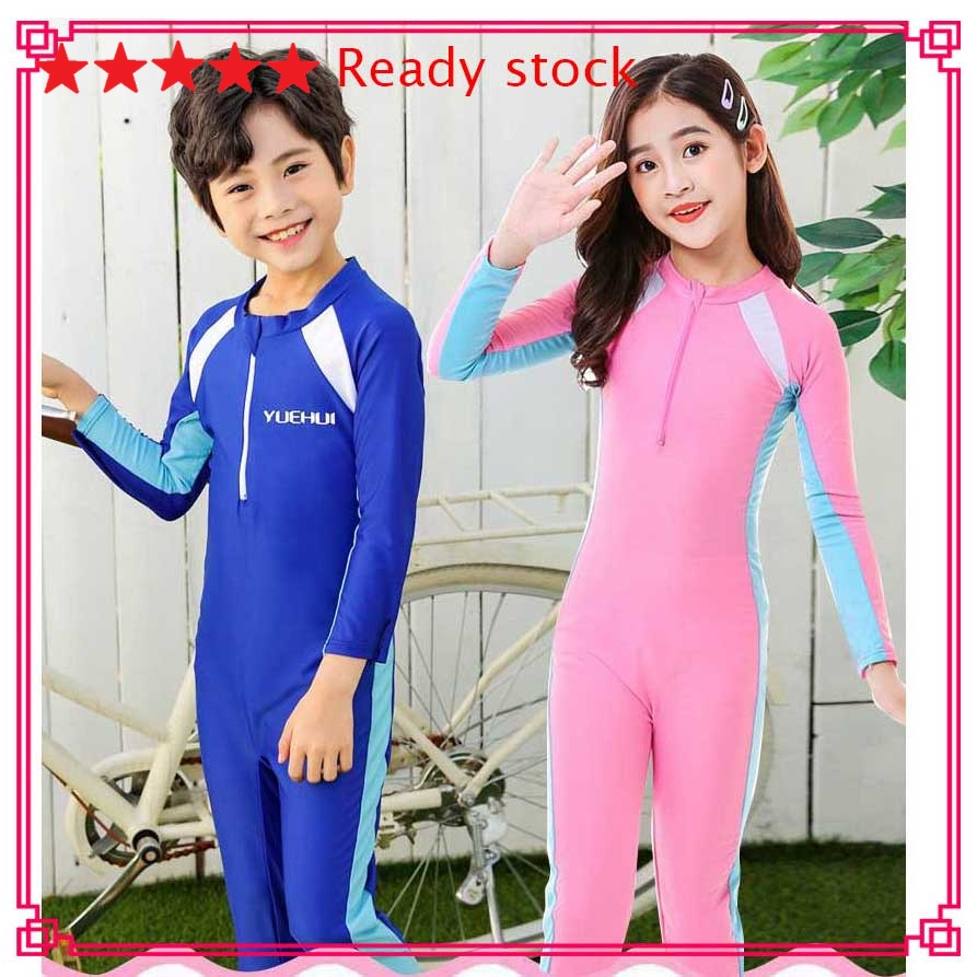 Baju Renang Anak Cowok Anak Laki-laki Perempuan Cewek One-piece Dengan Topi UV Rashguard Lengan Panjang Tabir Surya Berselancar Olahraga Pakaian Diving Tanggung