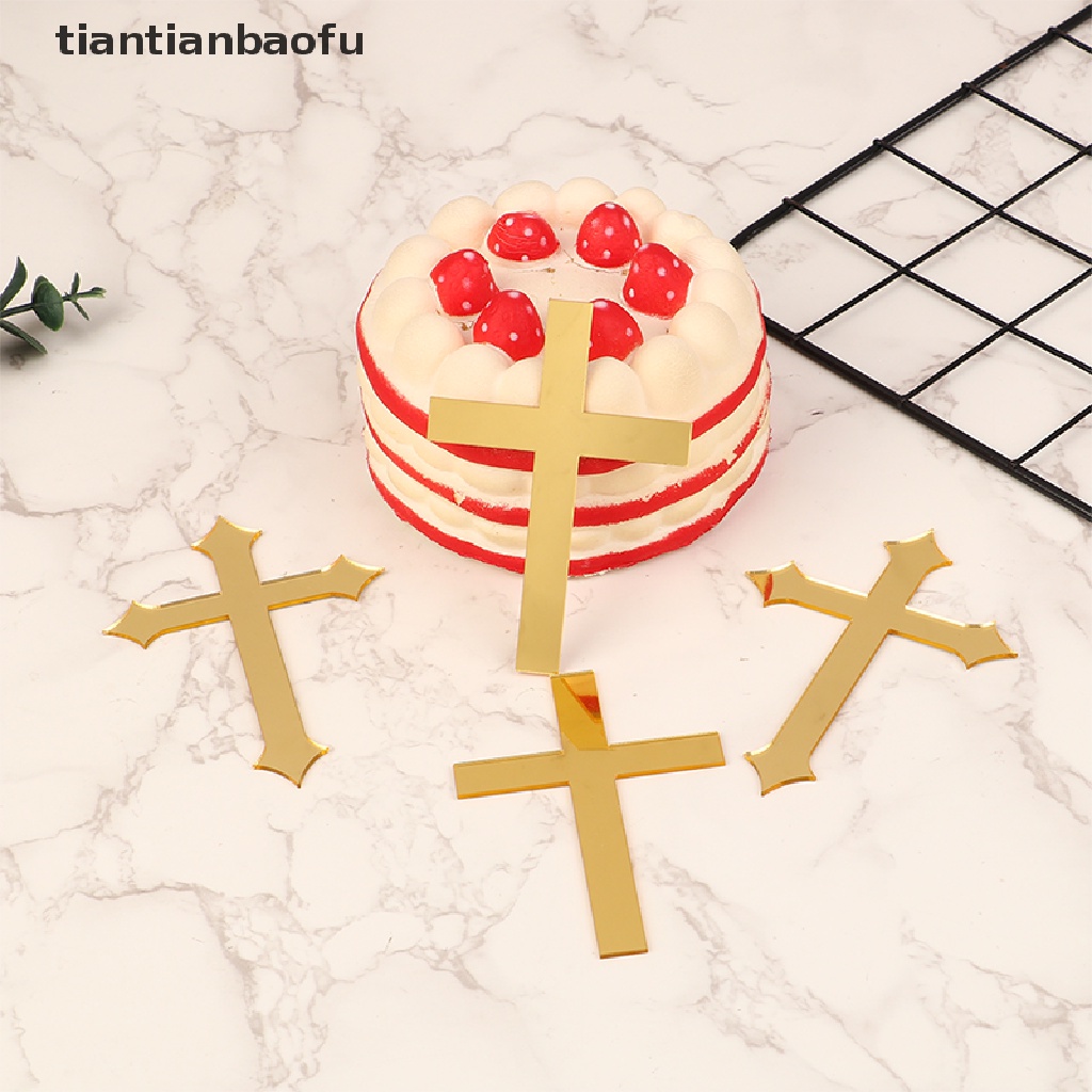 [tiantianbaofu] 5pcs 10 * 7cm Akrilik Cross Gold Topper Perjamuan Pertama Minimalis Sisipan Kue Butik