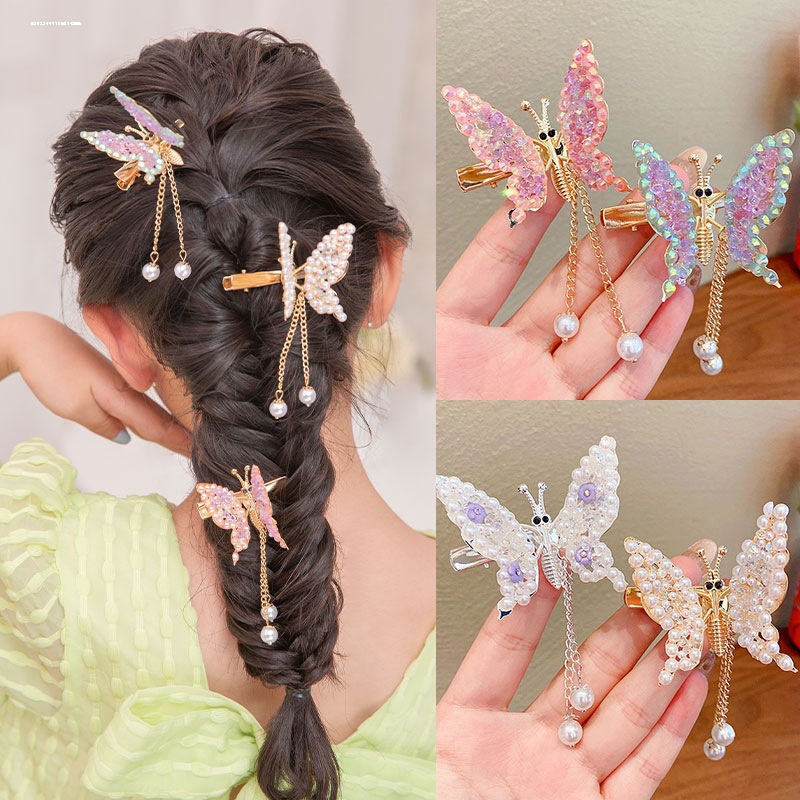 Klip Rambut Hias Kupu Bergerak Jepit Rambut Logam hair clip Sayap Ayun top clip lovely Aksesoris Rambut Wanita A Mutiara Rumbai butterfly hair clip