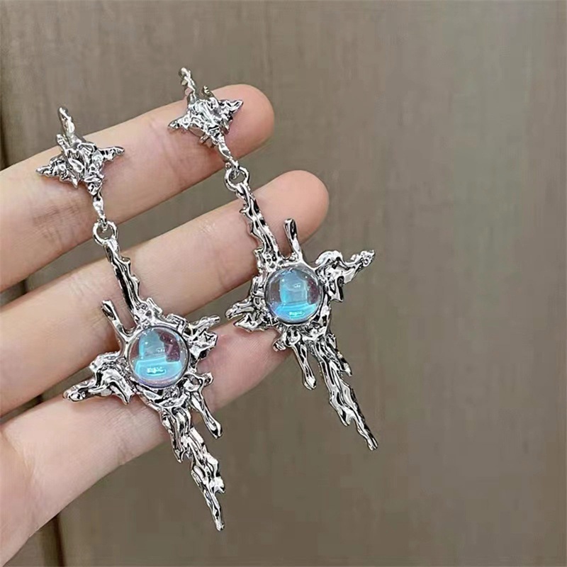 Tidak Teratur Logam Cair Salib Moonstone Menjuntai Anting-Anting Gadis Muda Tren Logam Salib Moonstone Tetes Anting-Anting