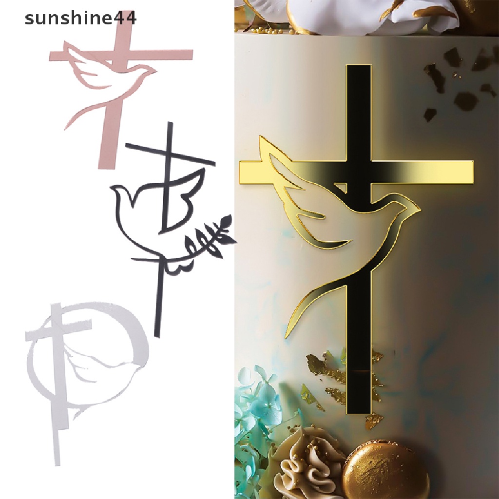 Sunshine 1Pc Dove Cross Gold Topper Perjamuan Pertama Minimalis Hiasan Kue Akrilik ID