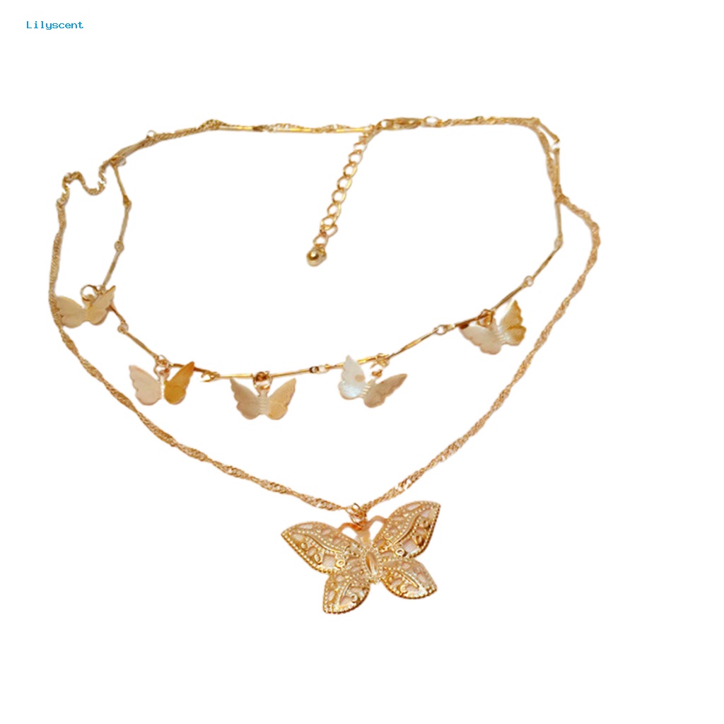 Lilyscent Wanita 2-Layer Butterfly Pendant Choker Rantai Klavikula Kalung Perhiasan Hadiah