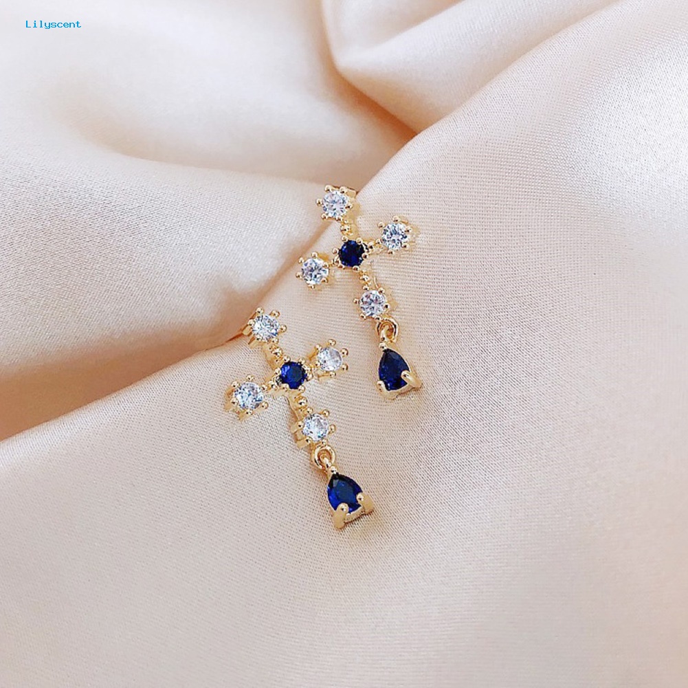 Lilyscent Fashion Wanita Safir Imitasi Berlian Imitasi Alloy Cross Ear Stud Earrings Perhiasan Hadiah