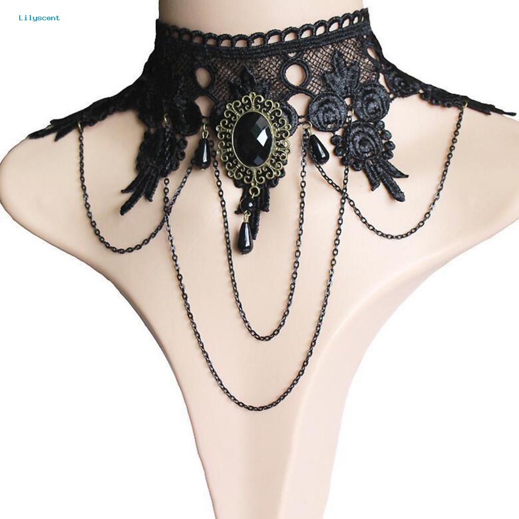 Lilyscent Anting Kait Lebar Perhiasan Fashion Gaya Gothic Punk Choker Kalung Gelang Renda Bunga