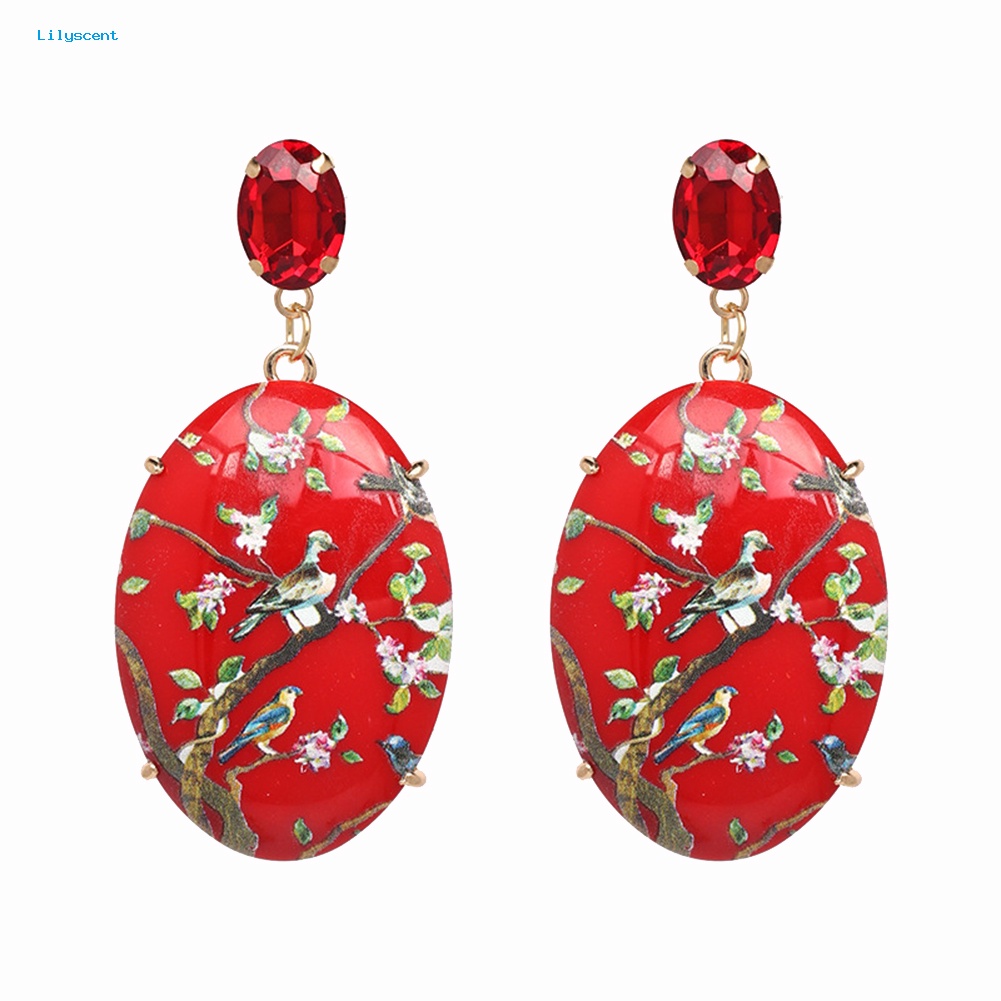 Lilyscent Retro Wanita Bunga Oval Imitasi Batu Permata Menjuntai Anting Eardrop Pesta Perhiasan