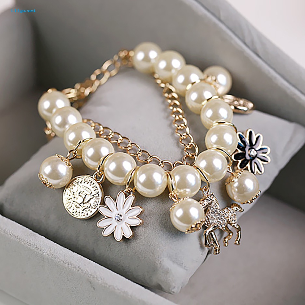 Lilyscent Horse Flower Charm Wanita Gelang Mutiara Imitasi Pesta Bangle Hadiah Fashion Perhiasan