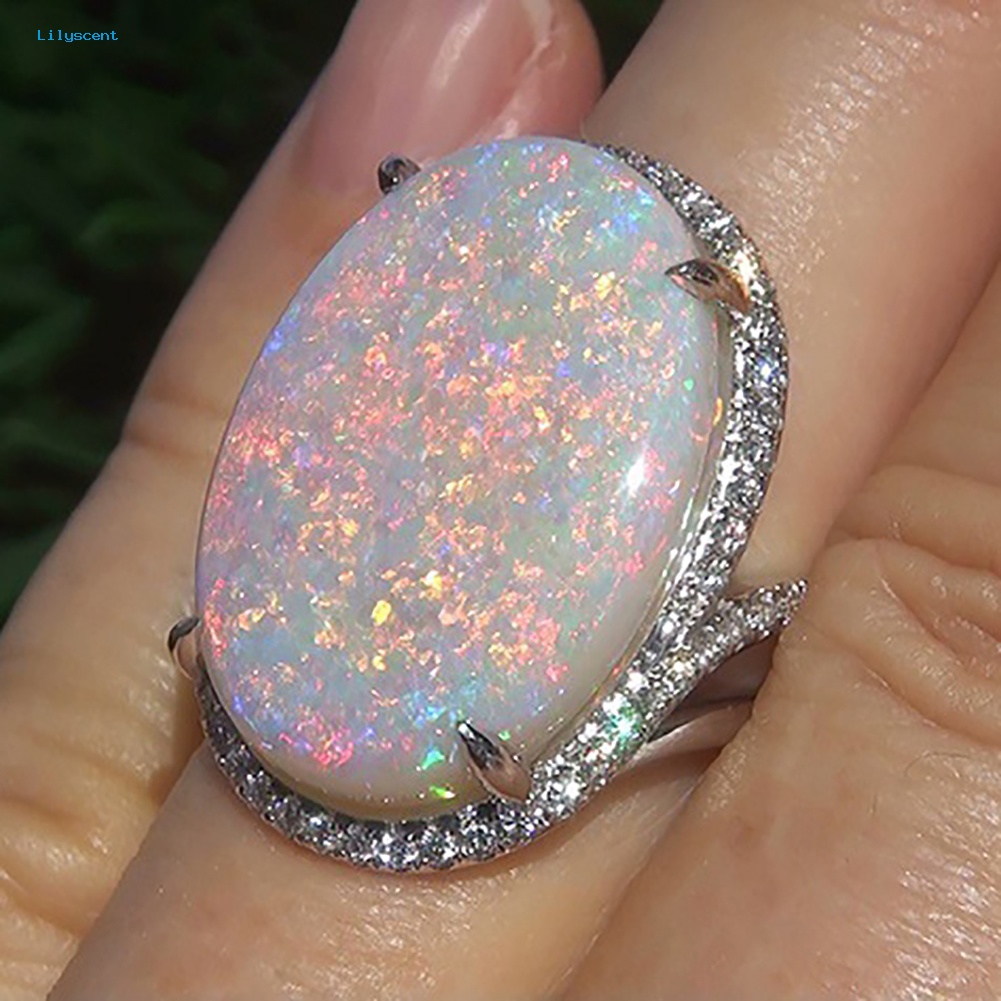 Lilyscent Fashion Wanita Super Bersinar Bentuk Oval Buatan Opal Cincin Jari Perhiasan Hadiah