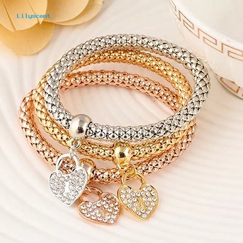 Lilyscent 3Pcs Fashion Wanita Berlian Imitasi Cinta Hati Liontin Elastis Gelang Bangles