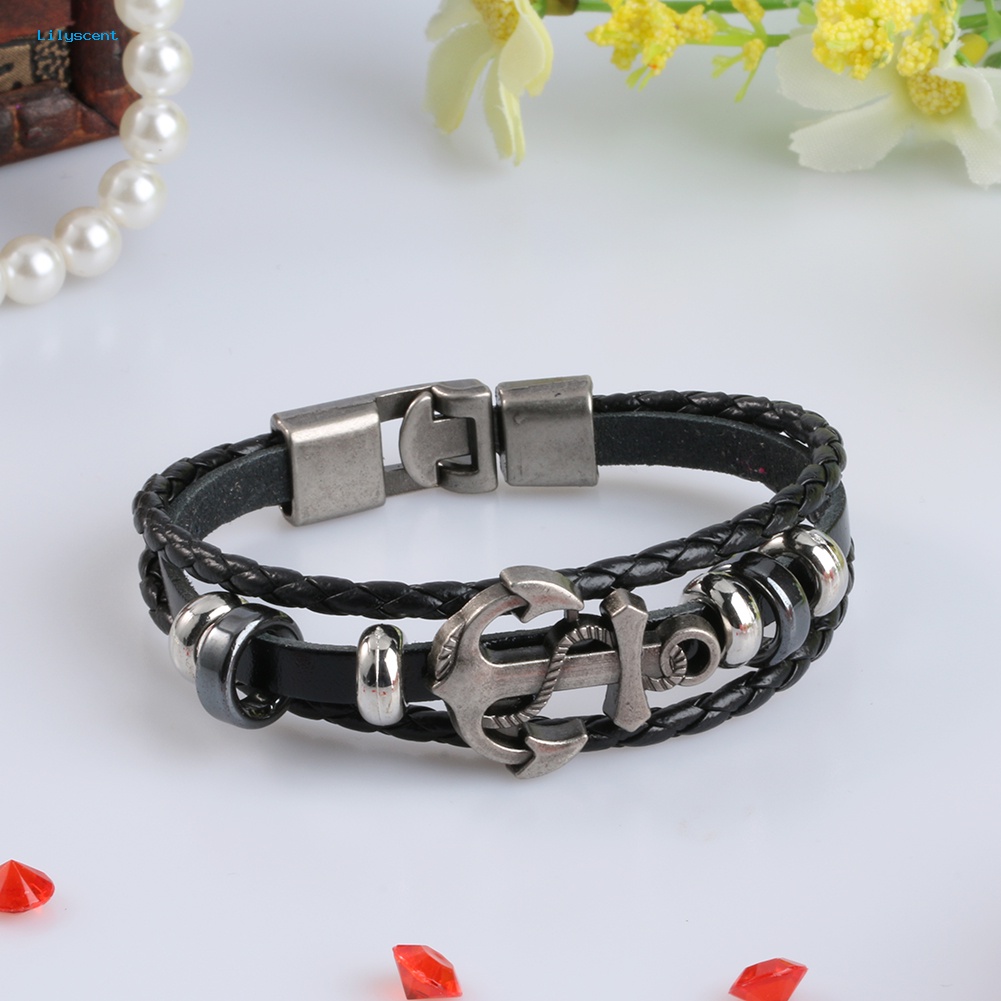 Lilyscent Pria Vintage Logam Jangkar Baja Bertabur Surfer Kulit Imitasi Bangle Cuff Gelang