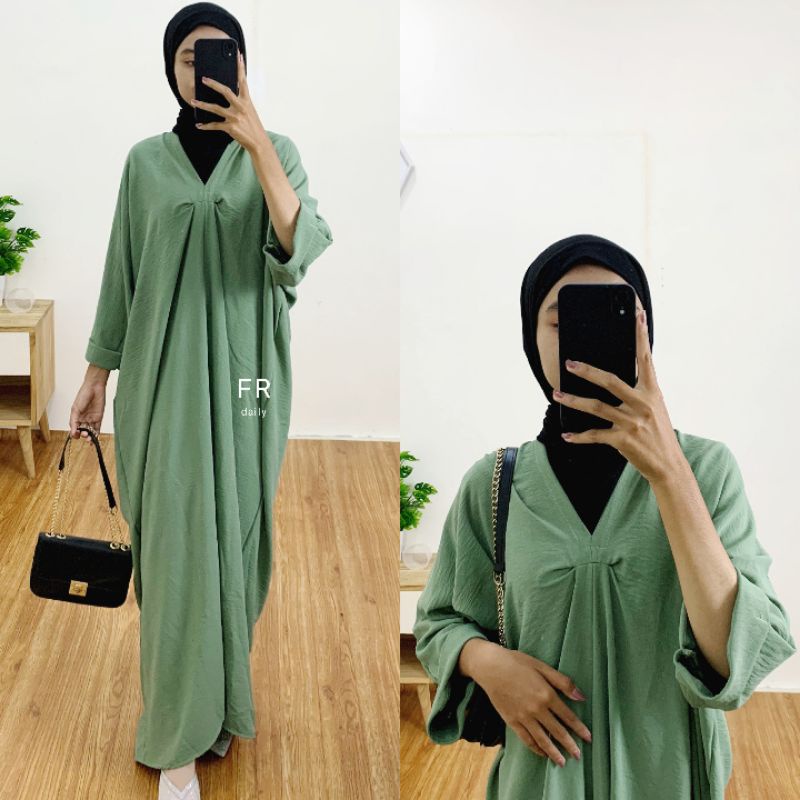 Dress Aira Kaftan Vneck Polos Crincle Airflow Gamis Amora