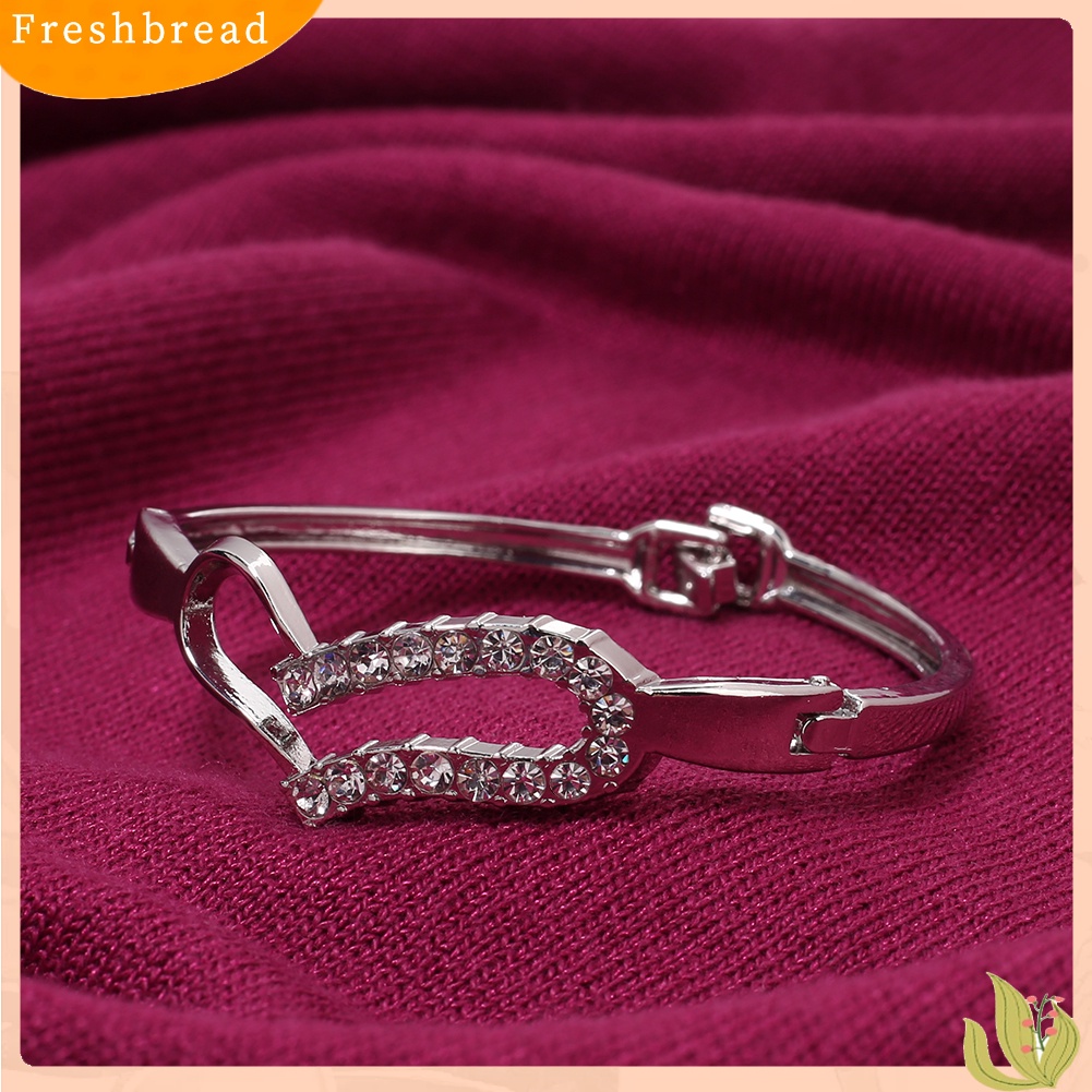 &lt; Freshbread &gt; Wanita Fashion Berongga Hati Berlian Imitasi Mengkilap Bangle Perak Disepuh Gelang Perhiasan