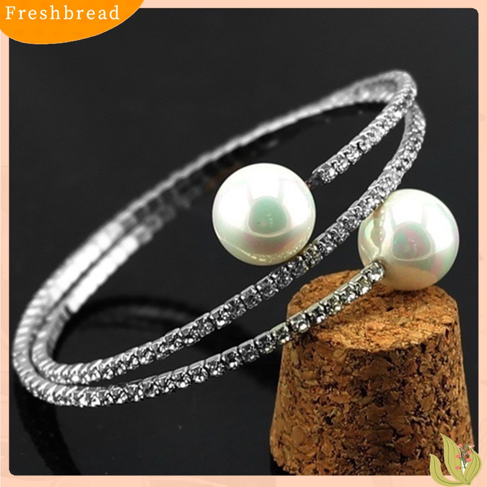 &lt; Freshbread &gt; Wanita Penuh Berlian Imitasi Multi-layer Gelang Pergelangan Tangan Mutiara Imitasi Cuff Open Bangle