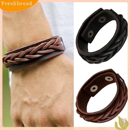 &lt; Freshbread &gt; Pria Keren Gaya Klasik Rajutan Kulit Bangle Punk Wristband Cuff Bracelet