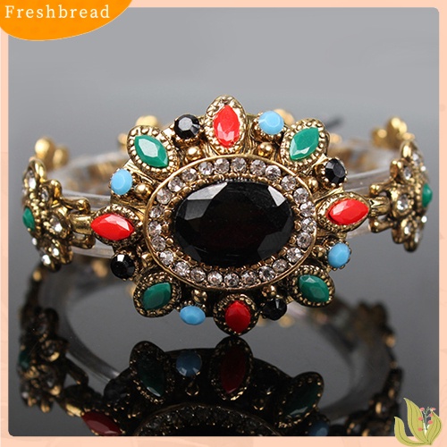 &lt; Freshbread &gt; Lady Vintage Bohemia Gelang Rantai Warna-Warni Resin Berlian Imitasi Berlapis Emas Bangle