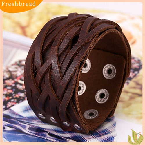 &lt; Freshbread &gt; Wanita Pria Gaya Punk Keren Kulit Bangle Rajut Manset Lebar Handmade Gelang