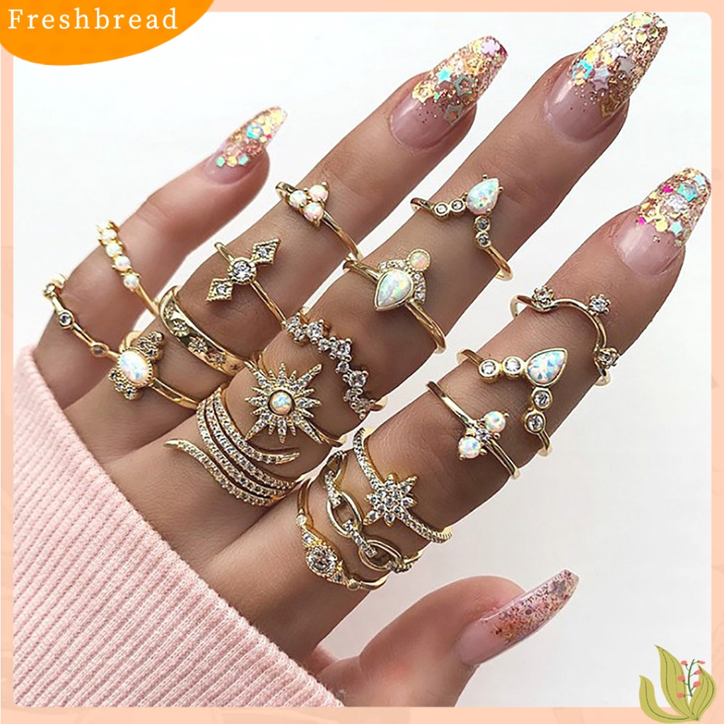 &lt; Freshbread &gt; 17 Pcs Cincin Buku Jari Stackable Ukir Unik Alloy Boho Gaya Etnik Faux Permata Jari Rings Perhiasan Aksesori