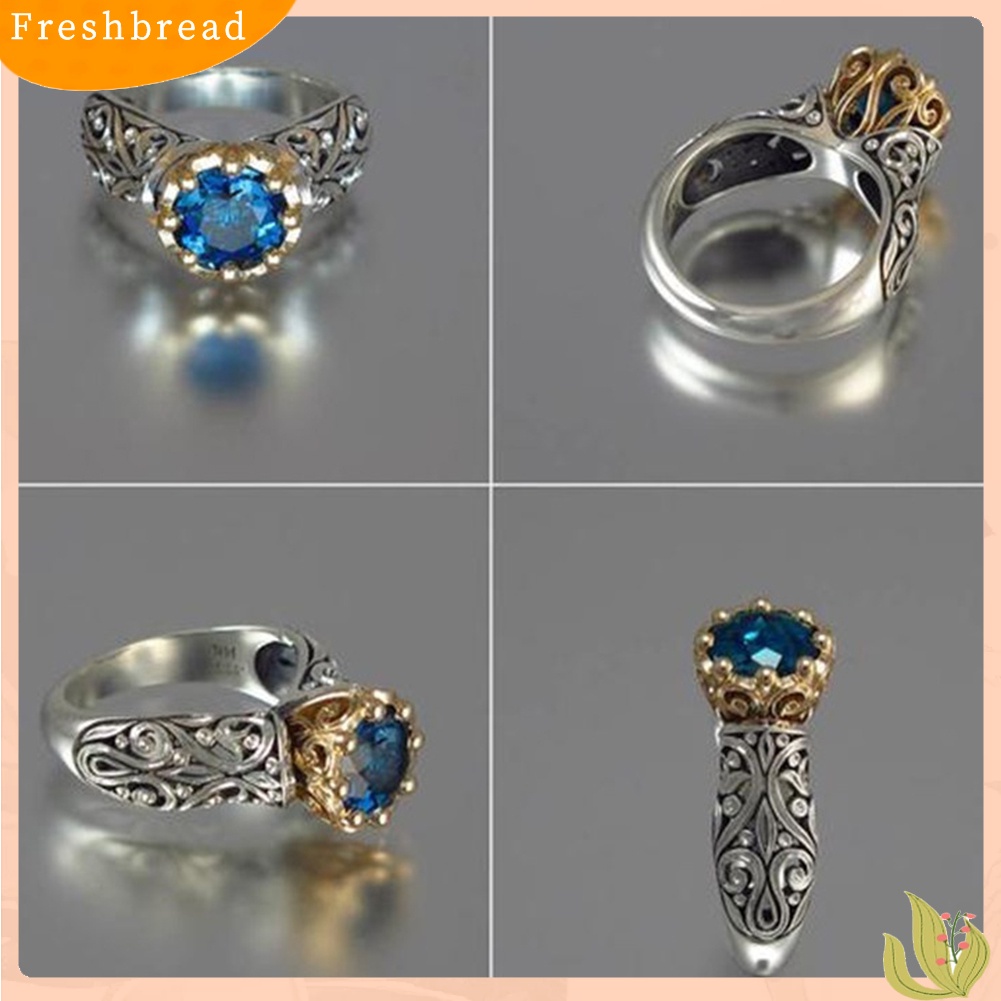 &lt; Freshbread &gt; Vintage Etnik Wanita Ukir Bulat Faux Topaz Disepuh Jari Cincin Perhiasan Hadiah