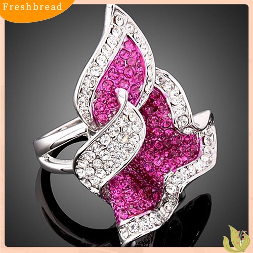 &lt; Freshbread &gt; Wanita Daun Berlapis Emas 9K Kristal Berlian Imitasi Hias Cocktail Cincin Hadiah Perhiasan