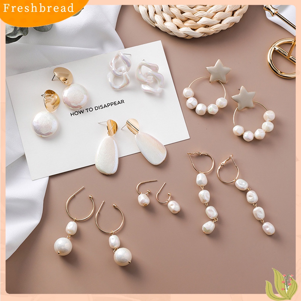 &lt; Freshbread &gt; Vintage Wanita Faux Pearl Shell Geometris Menjuntai Drop Anting Pesta Perhiasan Hadiah