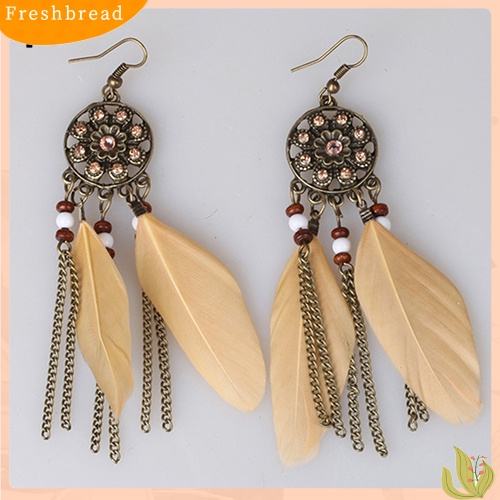 &lt; Freshbread &gt; Wanita Vintage Bohemia Etnik Dream Catcher Bulu Jumbai Anting Kait Panjang