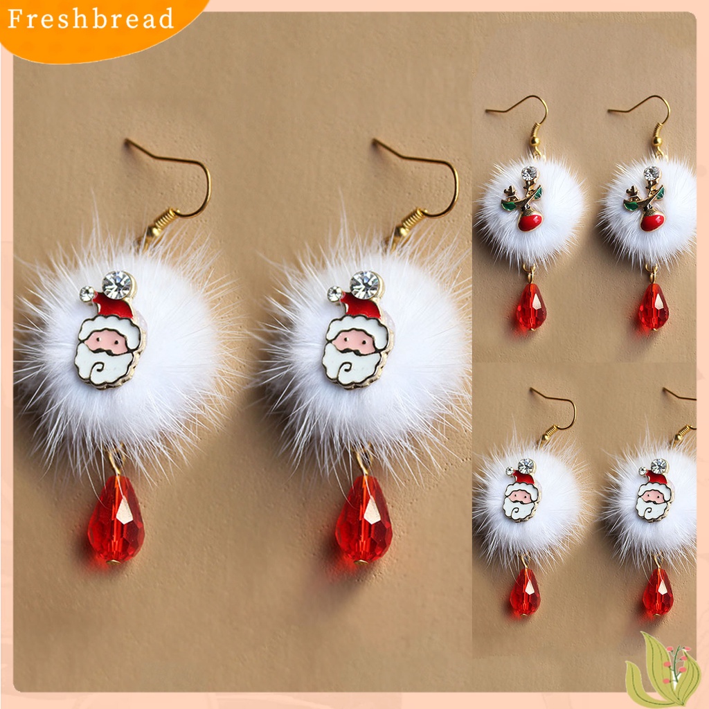 &lt; Freshbread &gt; 1pasang Putih Mewah Bola Merah Berlian Imitasi Xmas Anting Alloy Santa Claus Elk Pendant Hook Earrings Perhiasan Fashion